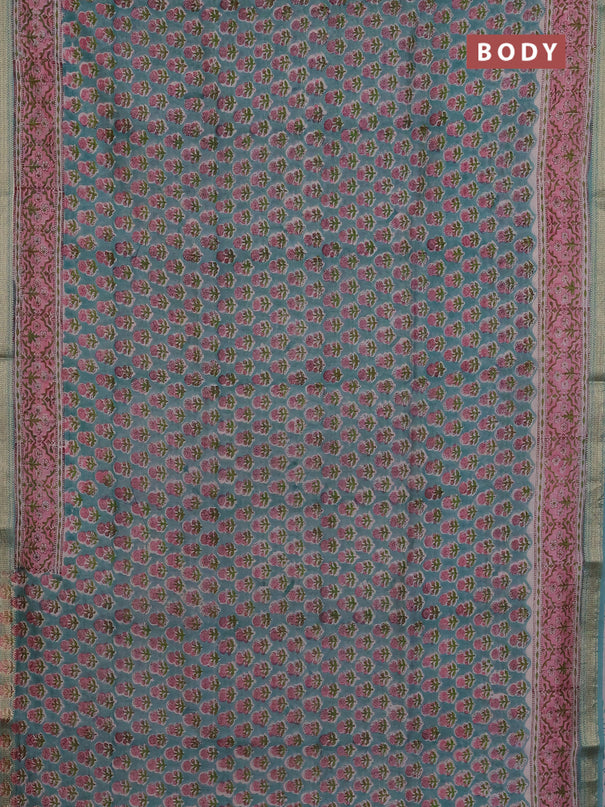 Chanderi Bagru saree teal blue and light pink with allover floral butta prints and mageshwari border