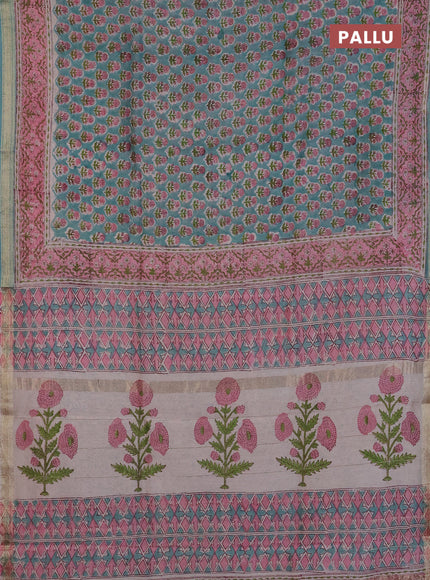 Chanderi Bagru saree teal blue and light pink with allover floral butta prints and mageshwari border