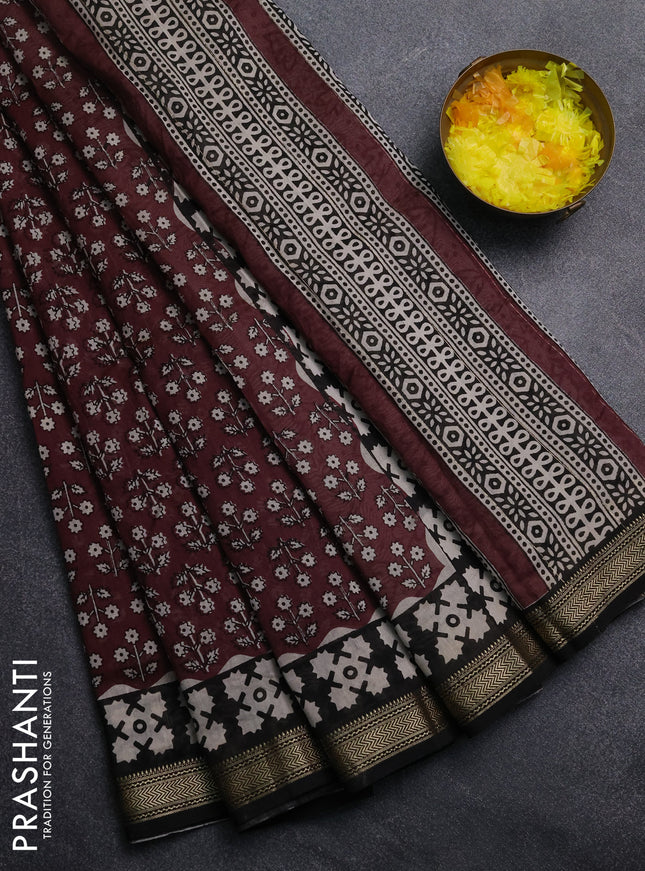 Chanderi Bagru saree deep maroon and black with allover floral prints and mageshwari border