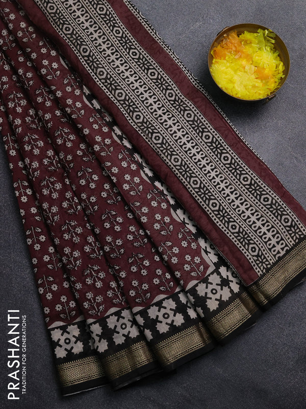 Chanderi Bagru saree deep maroon and black with allover floral prints and mageshwari border