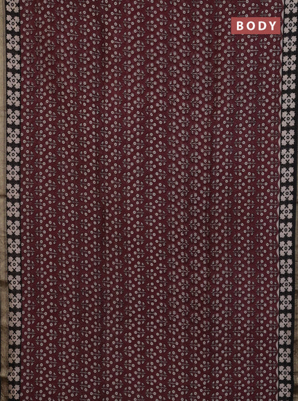 Chanderi Bagru saree deep maroon and black with allover floral prints and mageshwari border