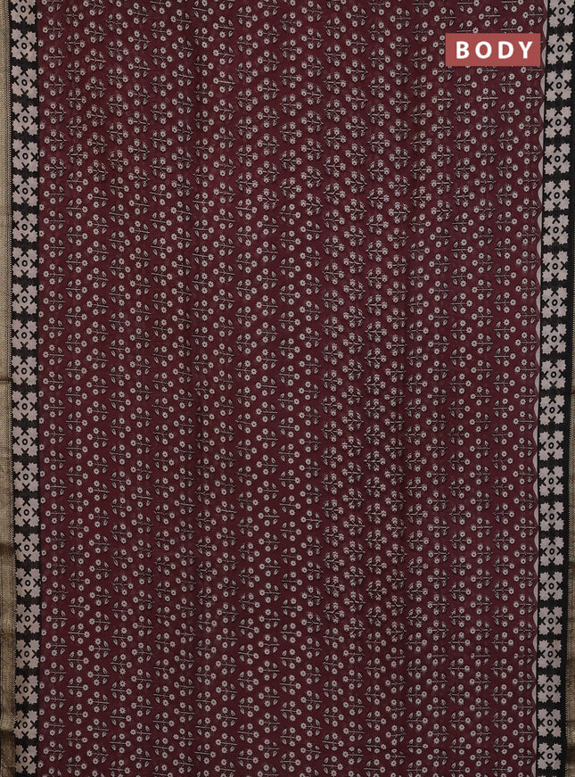 Chanderi Bagru saree deep maroon and black with allover floral prints and mageshwari border