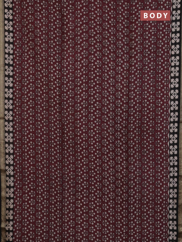 Chanderi Bagru saree deep maroon and black with allover floral prints and mageshwari border