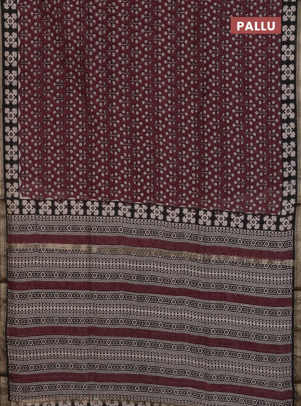 Chanderi Bagru saree deep maroon and black with allover floral prints and mageshwari border