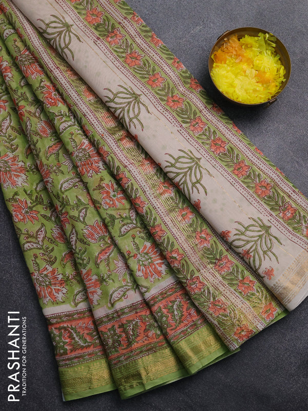 Chanderi Bagru saree light green and orange with allover floral prints and mageshwari border