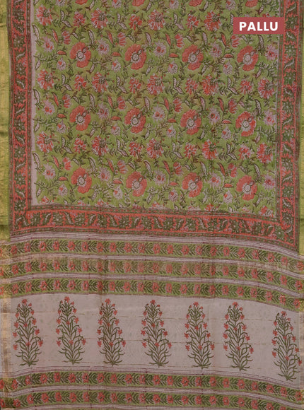 Chanderi Bagru saree light green and orange with allover floral prints and mageshwari border