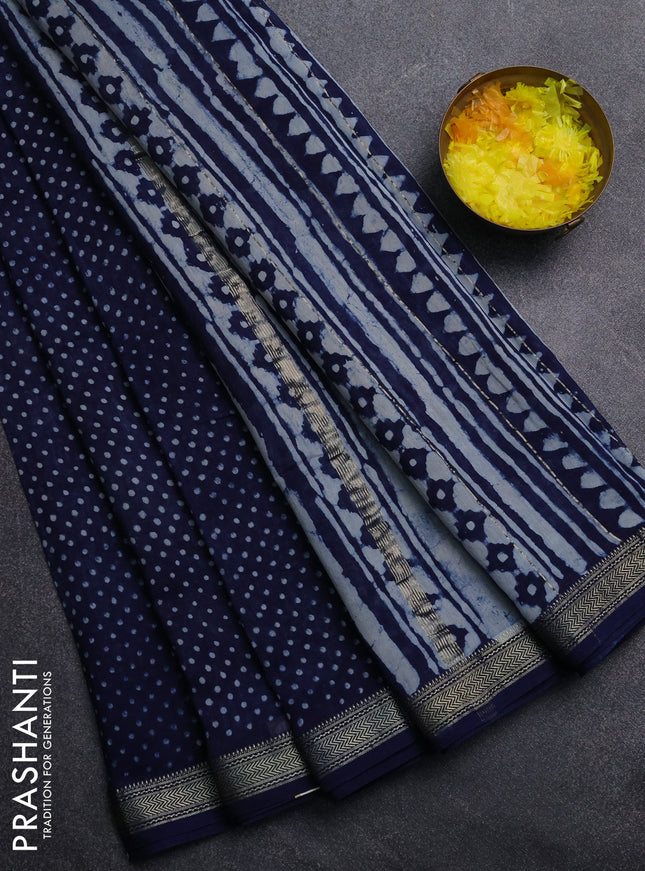 Chanderi Bagru saree navy blue with allover butta prints and mageshwari border