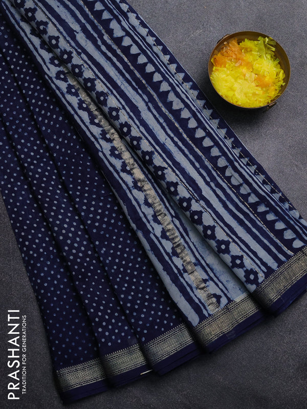 Chanderi Bagru saree navy blue with allover butta prints and mageshwari border