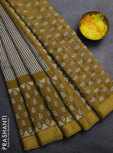 Chanderi Bagru saree beige and mustard green with allover stripe pattern and mageshwari border