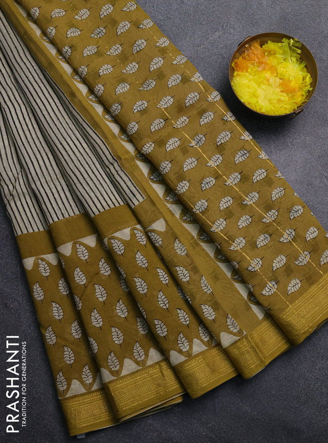 Chanderi Bagru saree beige and mustard green with allover stripe pattern and mageshwari border