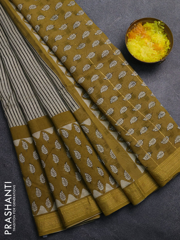 Chanderi Bagru saree beige and mustard green with allover stripe pattern and mageshwari border