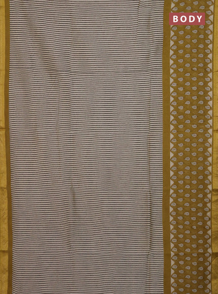 Chanderi Bagru saree beige and mustard green with allover stripe pattern and mageshwari border