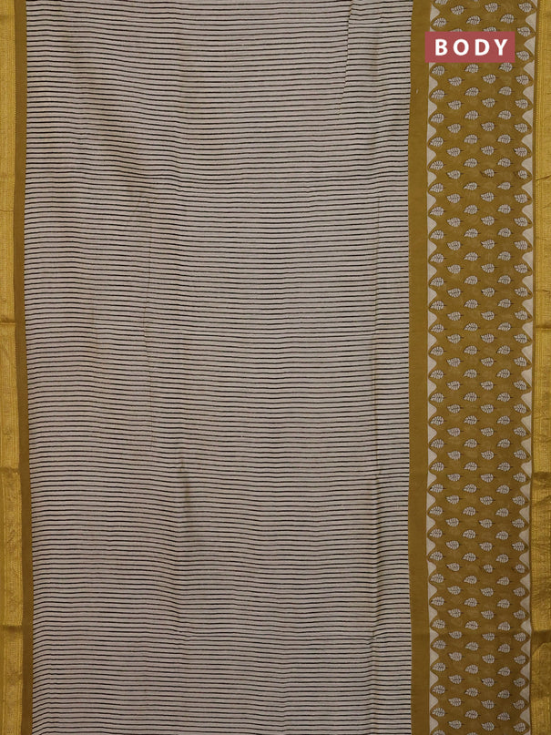 Chanderi Bagru saree beige and mustard green with allover stripe pattern and mageshwari border