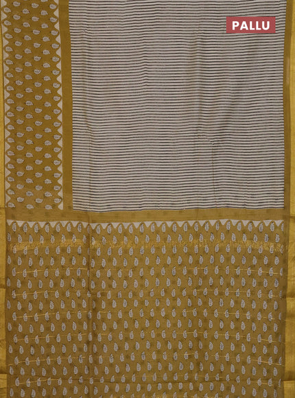 Chanderi Bagru saree beige and mustard green with allover stripe pattern and mageshwari border