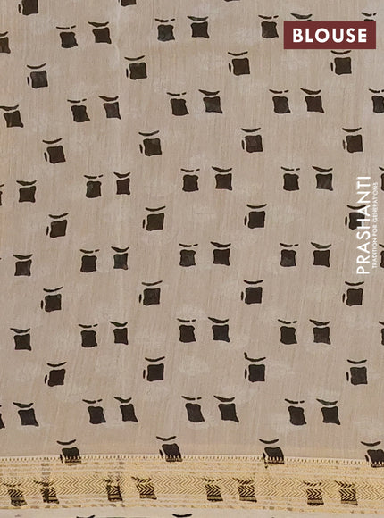 Chanderi Bagru saree beige and mustard green with allover stripe pattern and mageshwari border