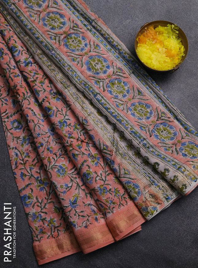 Chanderi Bagru saree peach shade with allover prints and mageshwari border