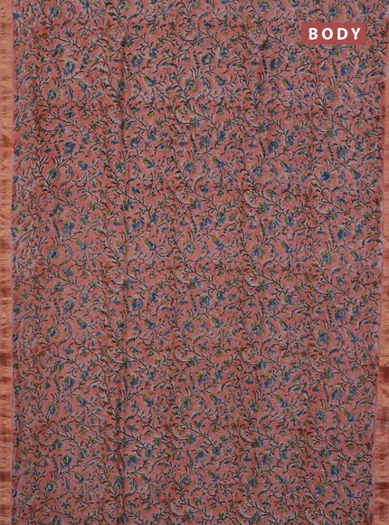 Chanderi Bagru saree peach shade with allover prints and mageshwari border