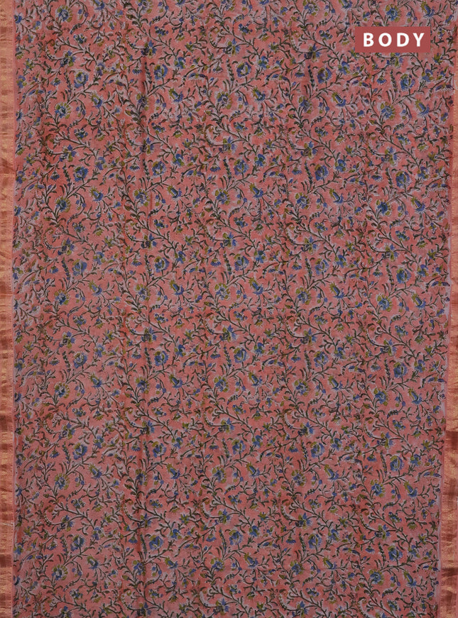 Chanderi Bagru saree peach shade with allover prints and mageshwari border