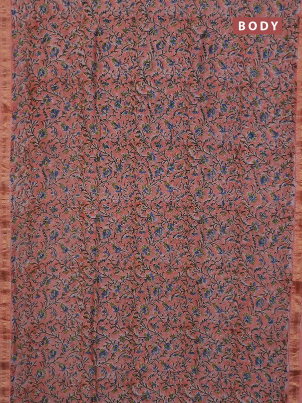 Chanderi Bagru saree peach shade with allover prints and mageshwari border
