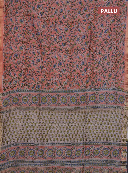 Chanderi Bagru saree peach shade with allover prints and mageshwari border