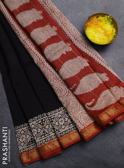 Chanderi Bagru saree black and rust shade with plain body and mageshwari border