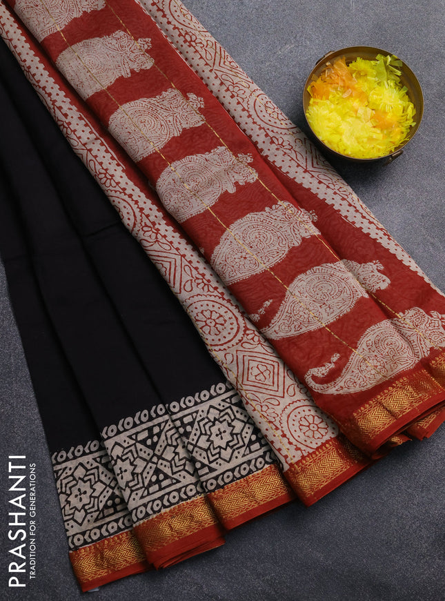 Chanderi Bagru saree black and rust shade with plain body and mageshwari border