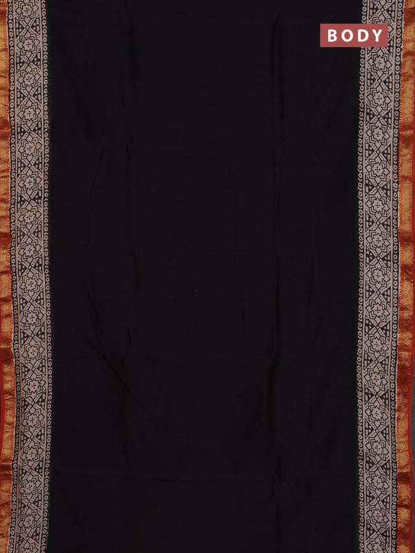 Chanderi Bagru saree black and rust shade with plain body and mageshwari border