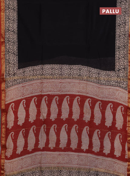 Chanderi Bagru saree black and rust shade with plain body and mageshwari border