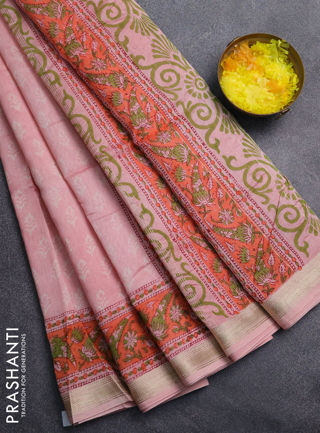 Chanderi Bagru saree light pink and orange with allover butta prints and mageshwari border