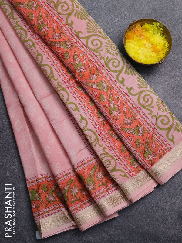 Chanderi Bagru saree light pink and orange with allover butta prints and mageshwari border