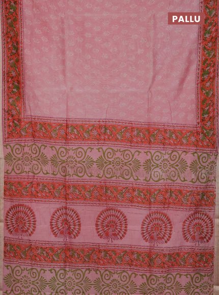 Chanderi Bagru saree light pink and orange with allover butta prints and mageshwari border