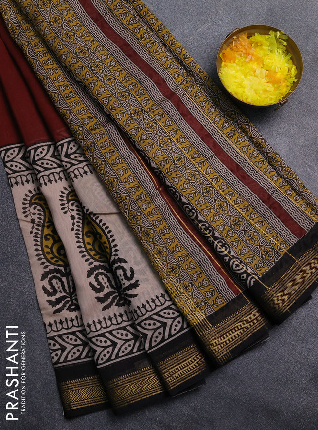 Chanderi Bagru saree maroon and beige with plain body and mageshwari border