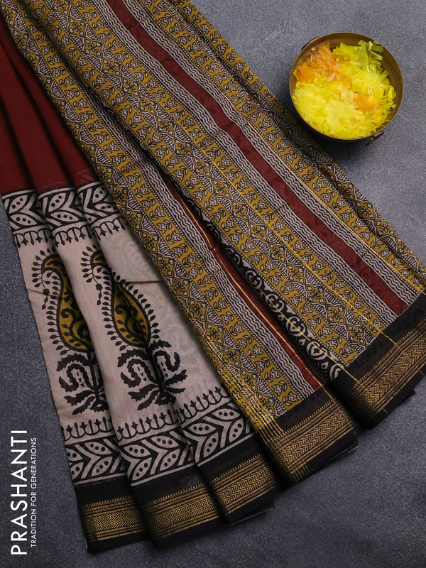 Chanderi Bagru saree maroon and beige with plain body and mageshwari border