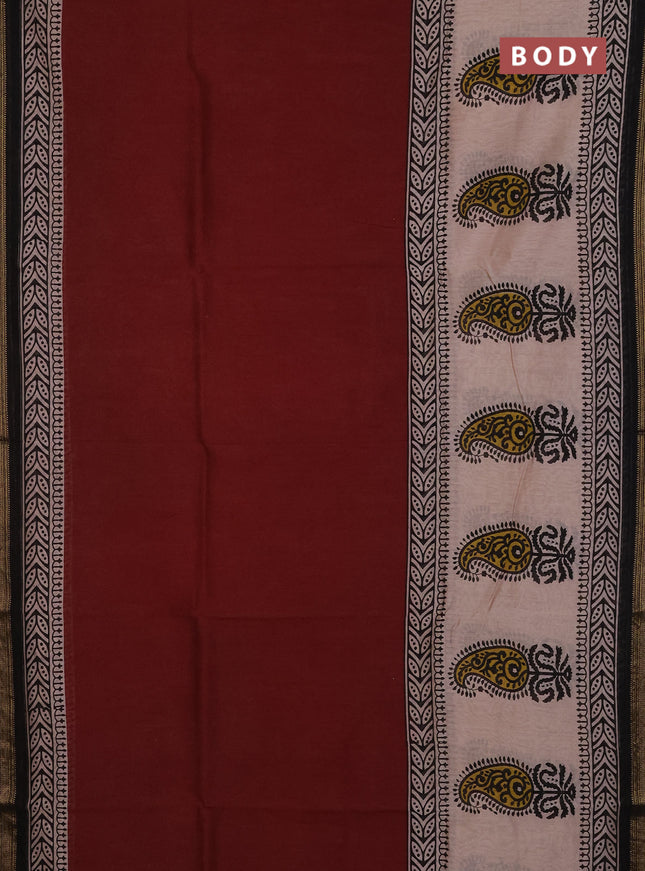 Chanderi Bagru saree maroon and beige with plain body and mageshwari border