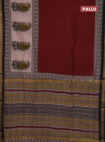 Chanderi Bagru saree maroon and beige with plain body and mageshwari border