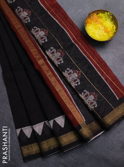 Chanderi Bagru saree black and beige with plain body and mageshwari border