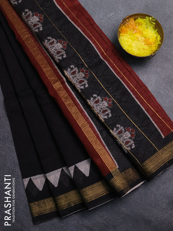 Chanderi Bagru saree black and beige with plain body and mageshwari border