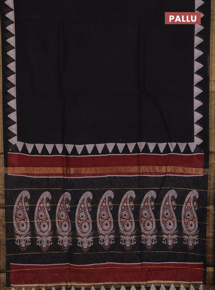 Chanderi Bagru saree black and beige with plain body and mageshwari border