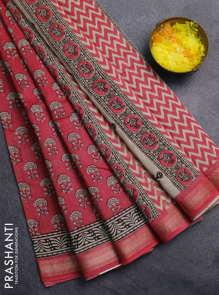 Chanderi Bagru saree peach pink and beige with allover butta prints and mageshwari border