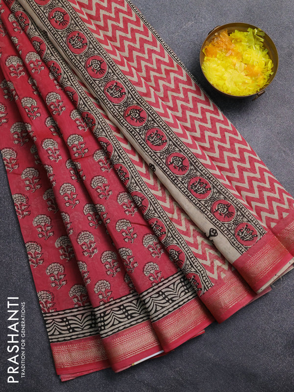 Chanderi Bagru saree peach pink and beige with allover butta prints and mageshwari border