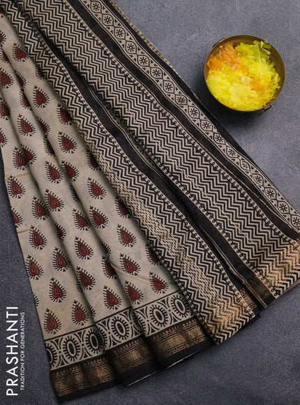 Chanderi Bagru saree beige and black with allover butta prints and mageshwari border