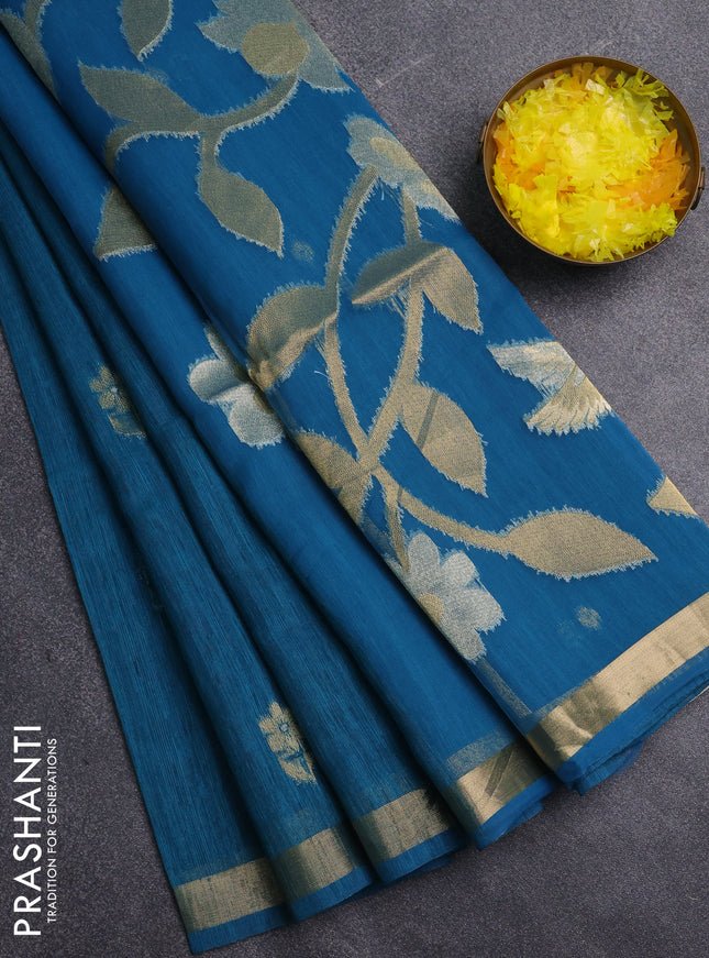 Jamdhani cotton saree peacock blue with allover silver & zari woven buttas and jamdhani pallu