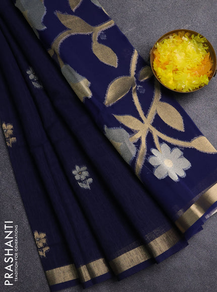 Jamdhani cotton saree navy blue with allover silver & zari woven buttas and jamdhani pallu