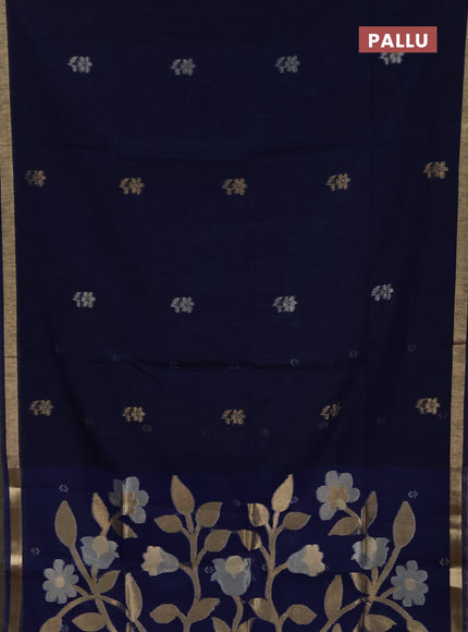 Jamdhani cotton saree navy blue with allover silver & zari woven buttas and jamdhani pallu