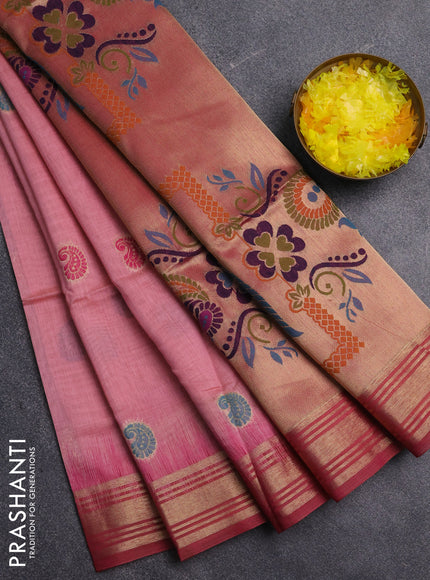 Jamdhani cotton saree peach shade and pink with allover thread woven buttas and jamdhani pallu