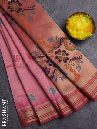 Jamdhani cotton saree peach shade and pink with allover thread woven buttas and jamdhani pallu