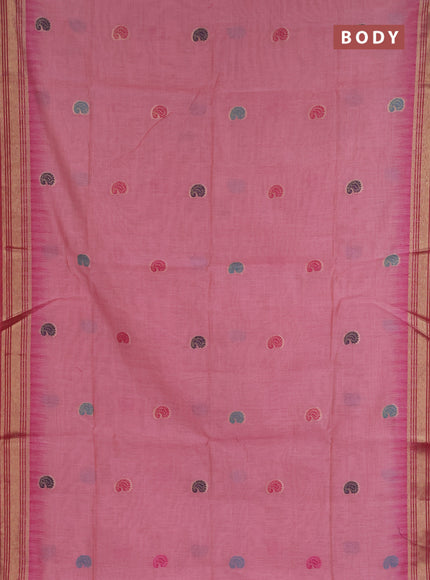 Jamdhani cotton saree peach shade and pink with allover thread woven buttas and jamdhani pallu