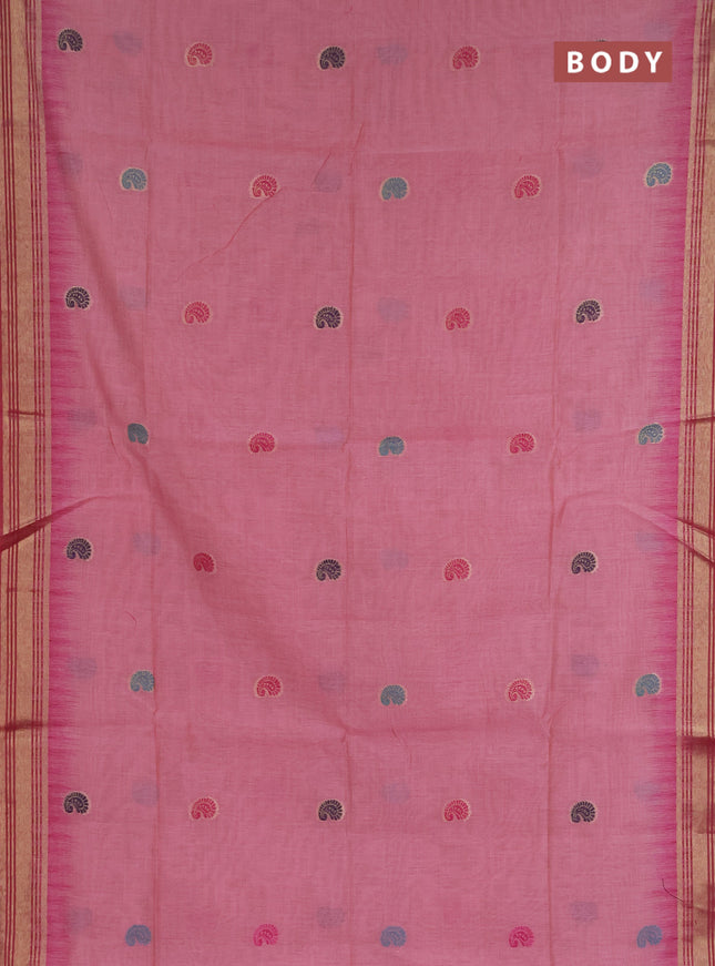 Jamdhani cotton saree peach shade and pink with allover thread woven buttas and jamdhani pallu
