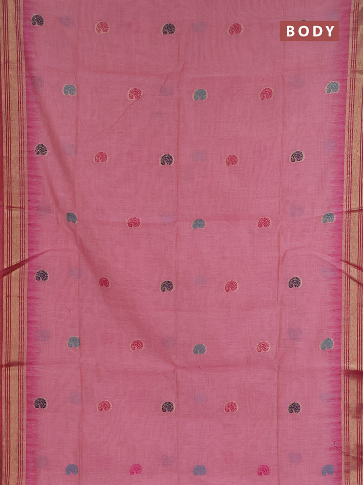 Jamdhani cotton saree peach shade and pink with allover thread woven buttas and jamdhani pallu