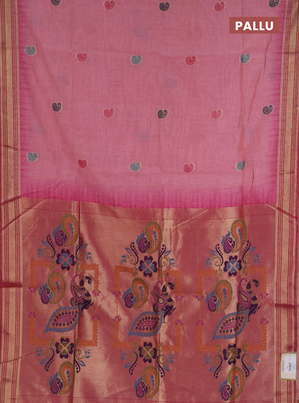 Jamdhani cotton saree peach shade and pink with allover thread woven buttas and jamdhani pallu